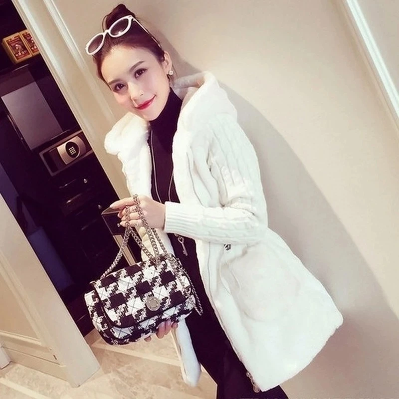 Fashion Faux Fur Coats Women Winter Hooded Zipper Chic Outwear Female Patchwork Thick Warm Fur Luxury Knitted Jacket Lady XQ43