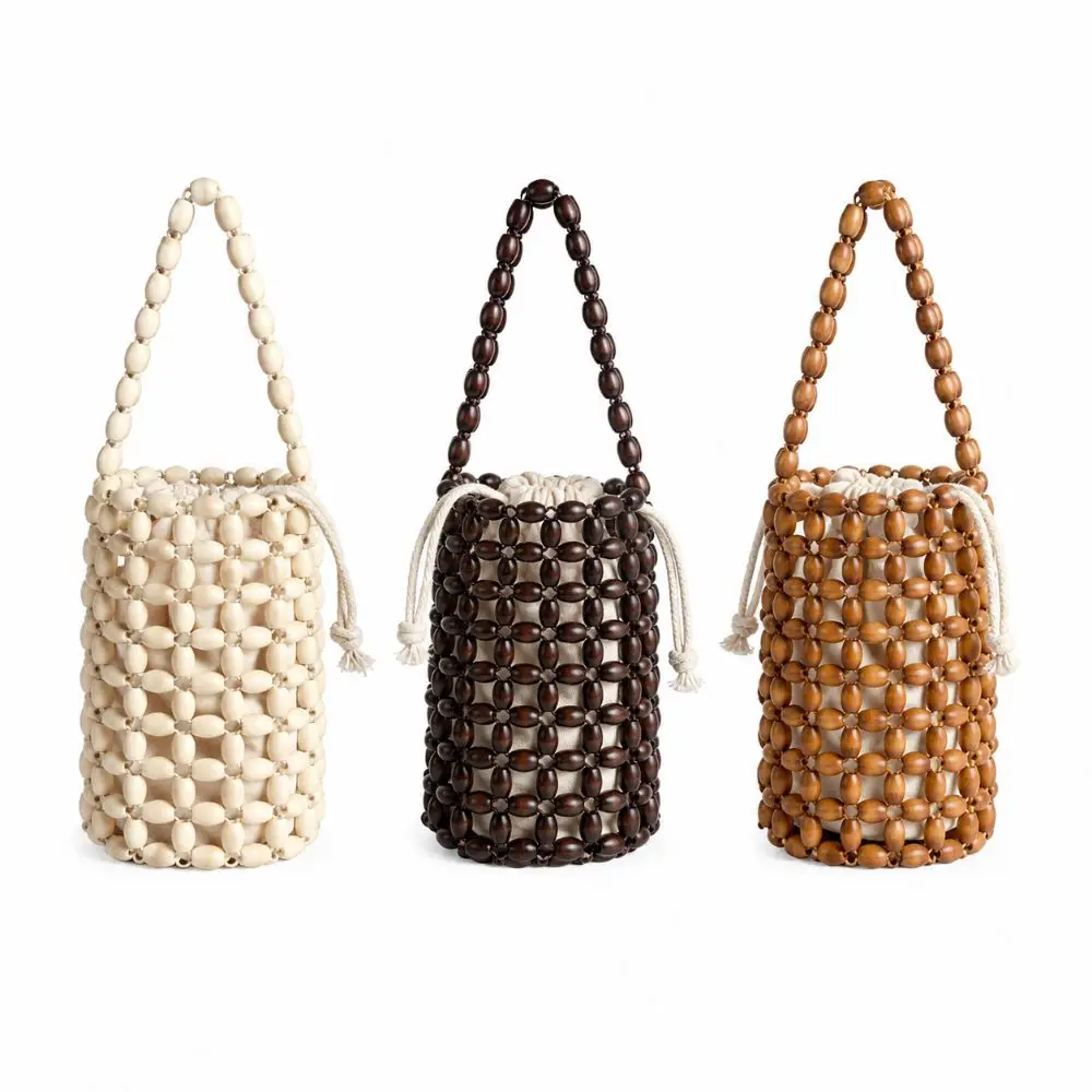 Handmade Wooden Bead Bucket Bag Hollow Woven Design Loop Handle Women Handbag Cylindrical Shape with Inner Pocket Mini Wrist Bag