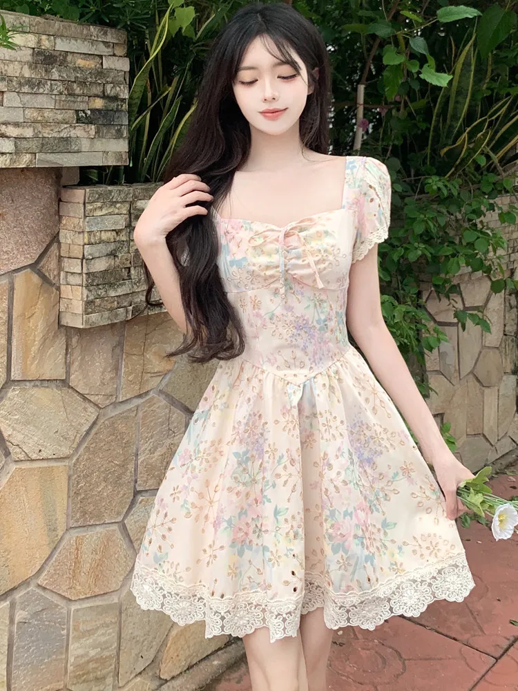 French Embroidered Hollow Out Square Neck Dress For Women\'s Summer Sweet Lace Up High Waist Slim Long Dresses  Female Clothing