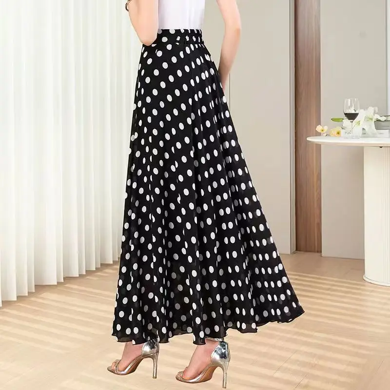 Temperament Sommer Röcke neue Frauen elastische hohe Taille Patchwork Polka Dot Druck Mode Chic Chiffon Mid-Lengt A-Linie Rock