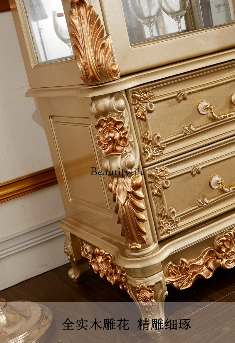 European solid wood double-door wine cabinet champagne high-end living room simple European carved single-door glass cabinet