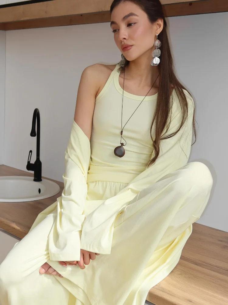 Conjunto de pantalones lisos elegantes para mujer, Top sin mangas con cuello redondo, cárdigan largo, pantalón recto de pierna ancha, moda de verano 2025, trajes informales para mujer