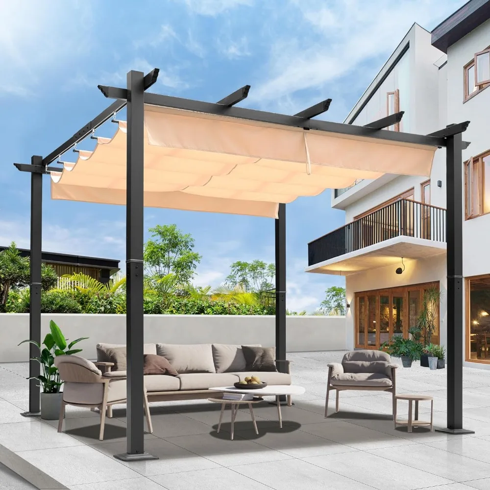 

10'x10' Outdoor Pergola with Retractable Canopy, Aluminum Rain-Proof Pergolas for Patio, Yard, Backyard and Garden