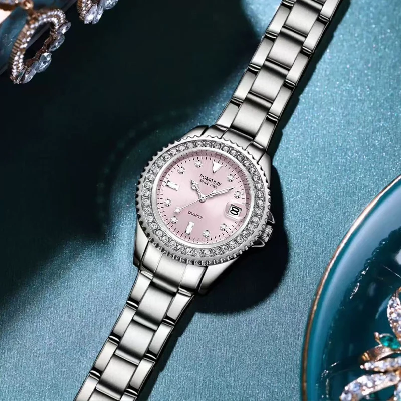 ROMITIME Luxury Women Quartz Watch Diamond-Encrusted Calendar Diamond-set Bezel Leisure Luminous 30M Waterproof Lady Watches