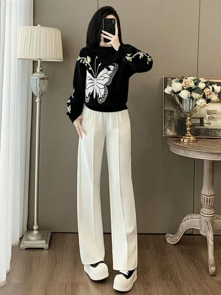 

La Chapelle Heavy Embroidery Lace Sports Set Women's Black Sweatshirt Long Sleeve round Neck Two-Piece Casual Sportswear