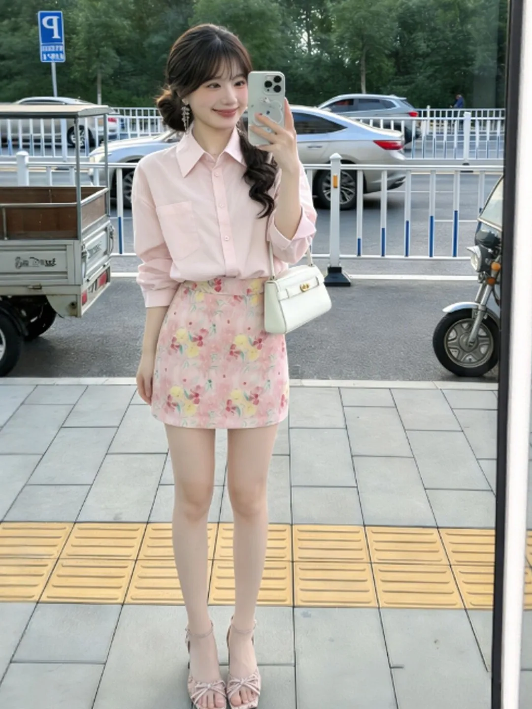 

Korean Style Gentle Print Blouse And Half Skirt Two-Piece Set Spring Collection Comfortable Warmth Medium Stretch Button Closure