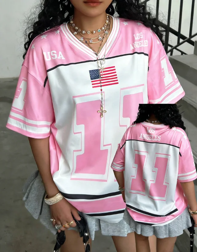 Los Angeles Alphanumeric Bedrucktes T-Shirt Sommer Damen Rosa Fußball Sport T-Shirt Lose Polyester Stoff Kurzarm Top