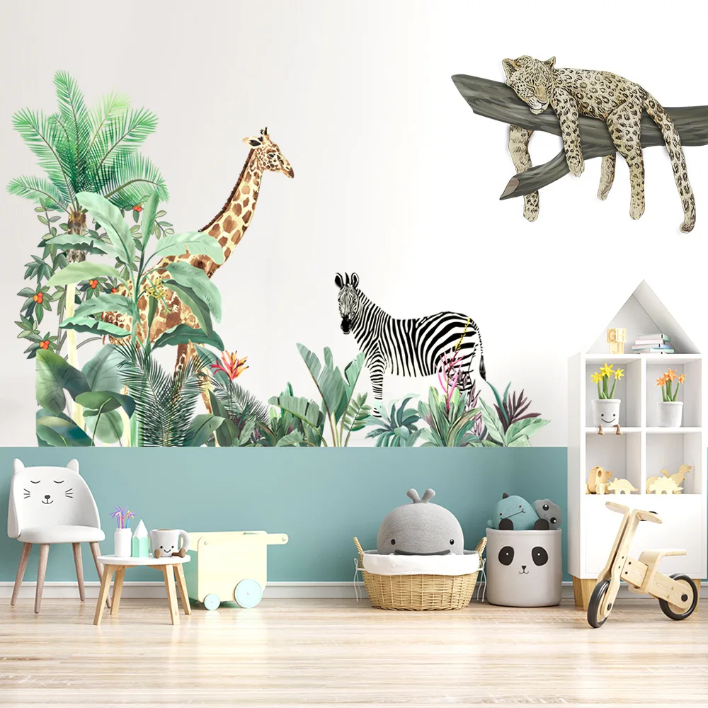 Safari Jungle Animals Wall Stickers for Kids Rooms Boys Room Bedroom Decoration Big Size Giraffe Leopard Zebra Tree Wallpaper