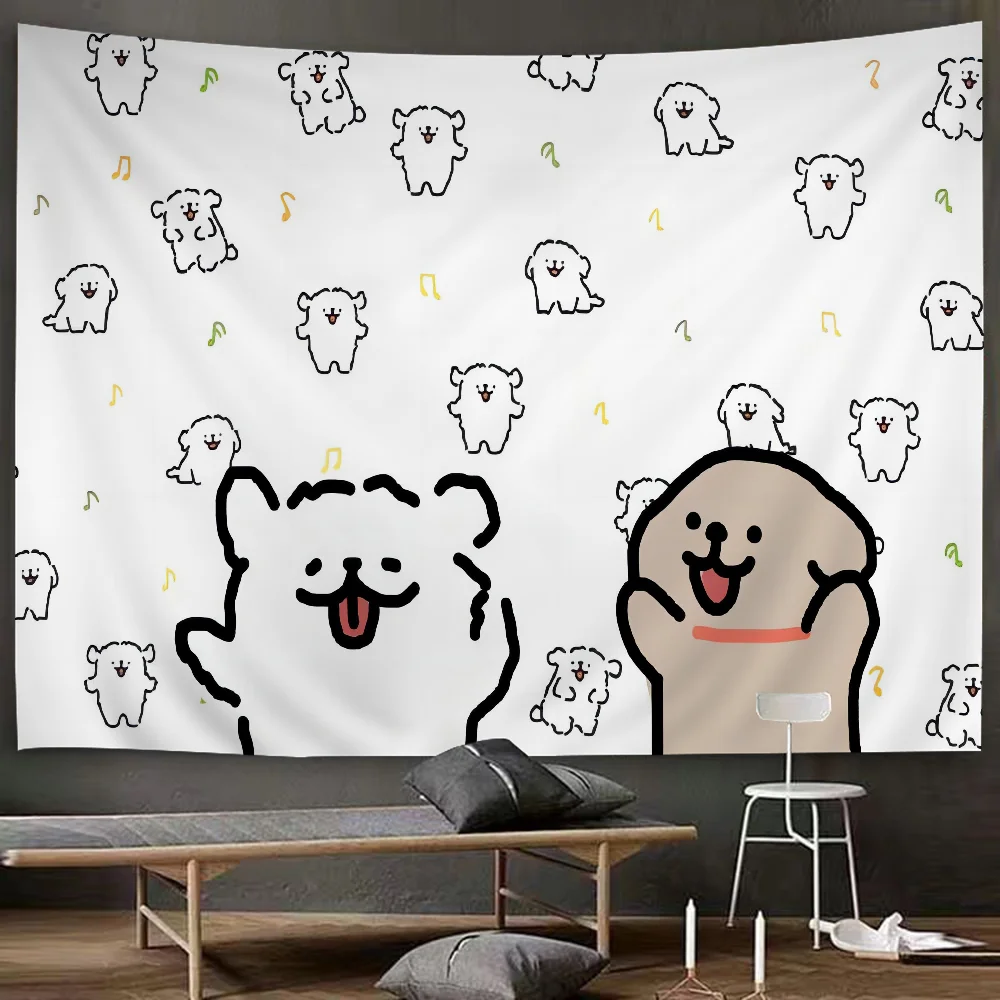 Kawaii Line Dog Maltese Tapestry Anime Tapestry Hanging Tarot Hippie Wall Rugs Dorm Wall Hanging Sheets