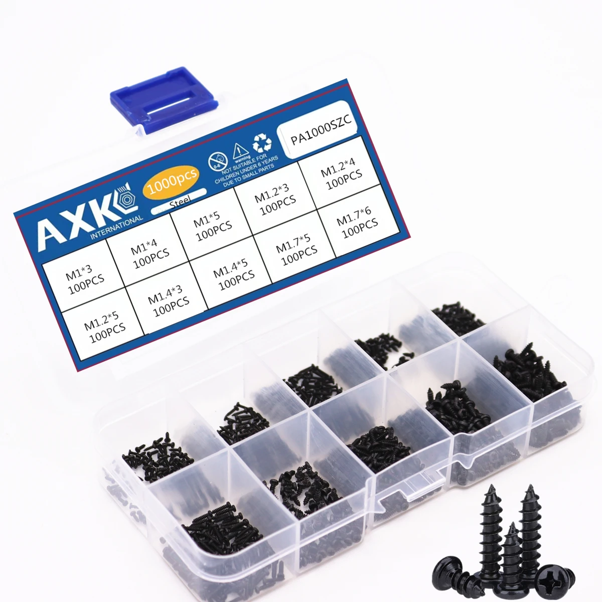 1000pcs/set M1/M1.2/M1.4/M1.7 Round Cross Head Stainless Steel Screws Pan Self Tapping Screw Set Assortment Kit Black