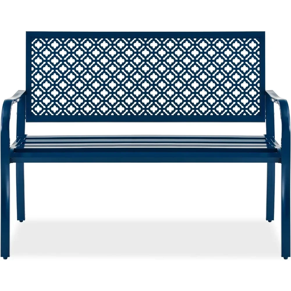 

Outdoor Bench 2-Person Metal Steel Benches Furniture for Garden, Patio, Porch, Entryway w/Geometric Backres