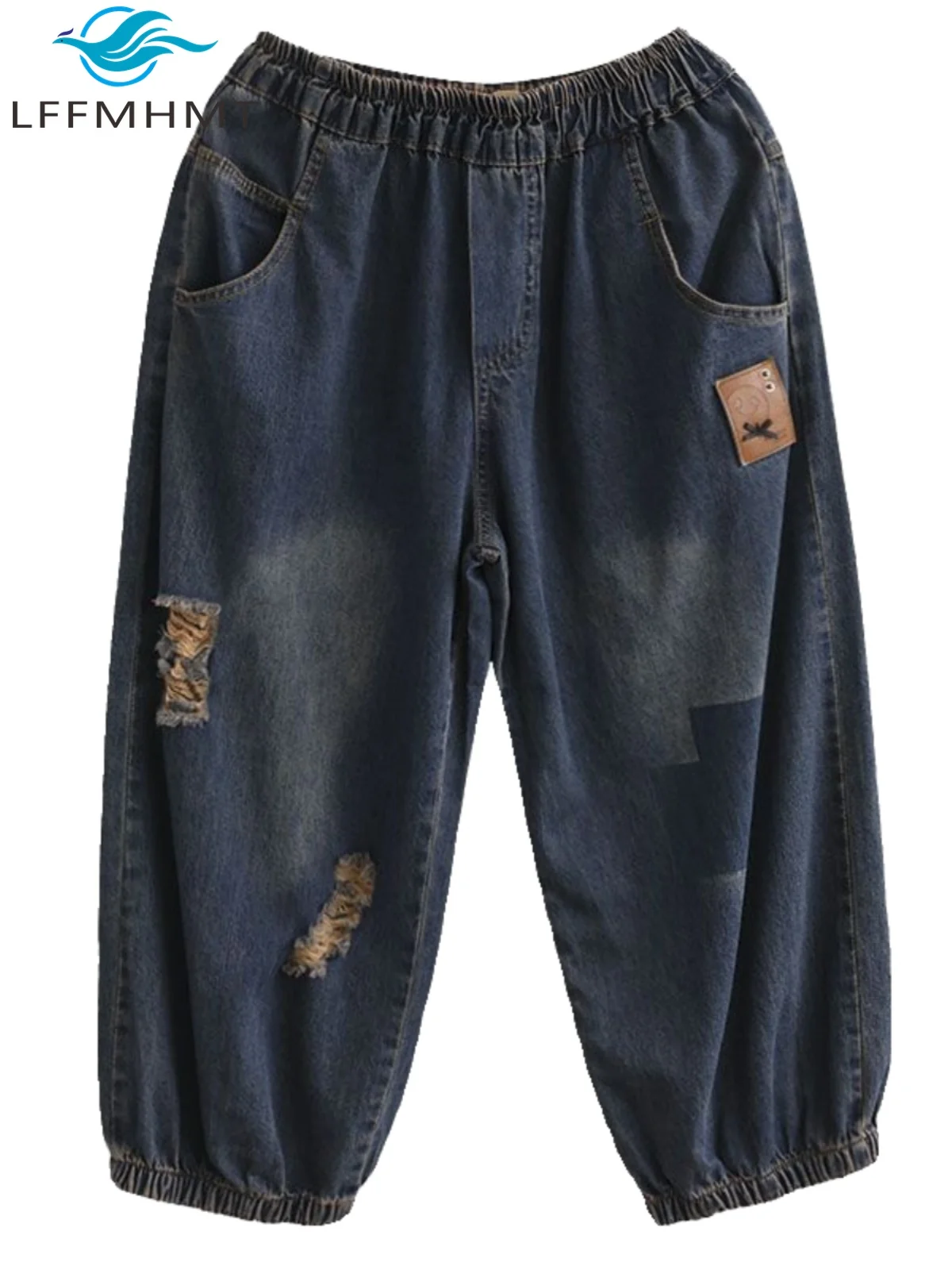 

Женские укороченные джинсы, летние модные рваные винтажные Лоскутные простые свободные повседневные уличные брюки-султанки с эластичным поясом