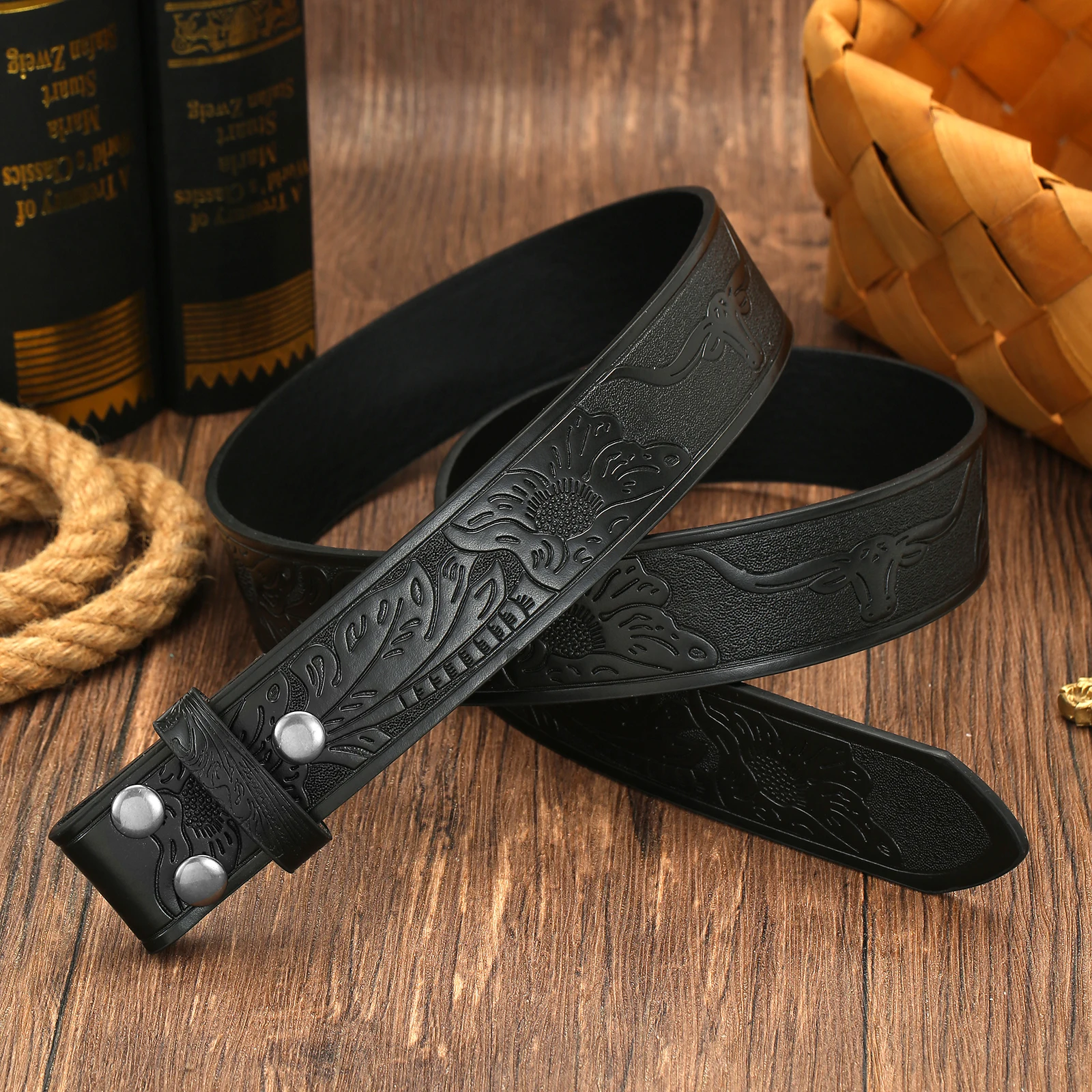 Herren Western-Gürtel mit geprägtem Muster, Blanko-Gurtband ohne Schnalle, Retro Cowboy PU-Leder Ersatzgürtel – Detail 5
