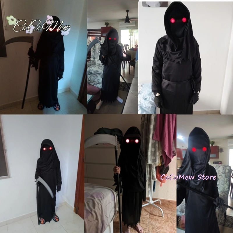 زي هيكل عظمي مخيف وحصد قاتم للأطفال ، عيون حمراء متوهجة ، رداء شبح حصد قاتم ، إكسسوارات تنكرية لعيد الهالوين