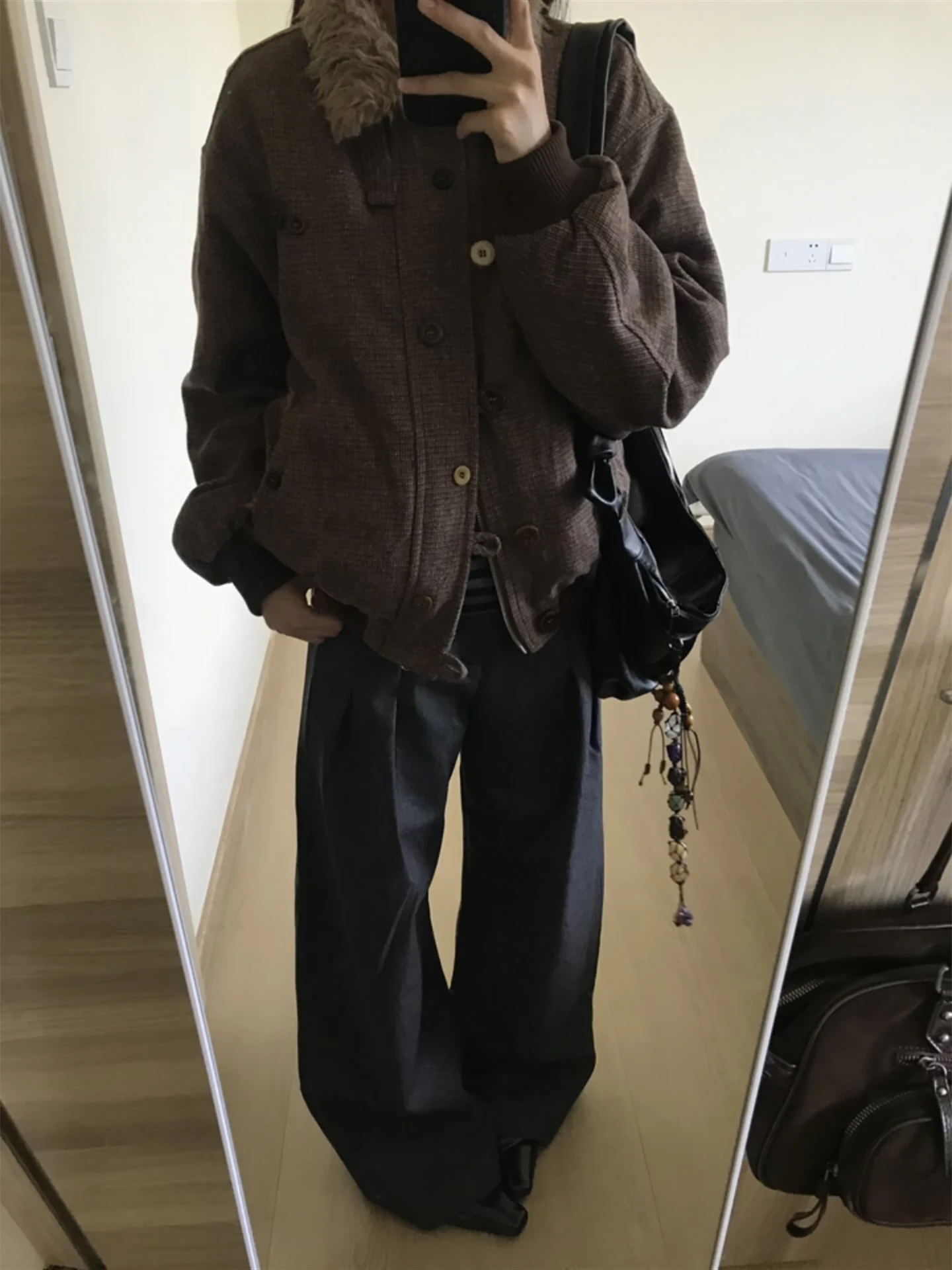 

Lamb Fur Collar Jaet Men's Thiened Winter Casual Versatile Top Warmth Cleanfit Button Closure Long Sve Pure Color