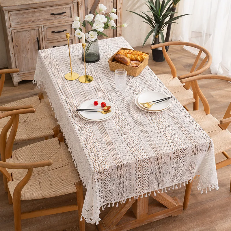 Lace Tassels Tablecloth, The White Embroidered Table Cover, Decorative Table Cloth for Coffee Table Desks