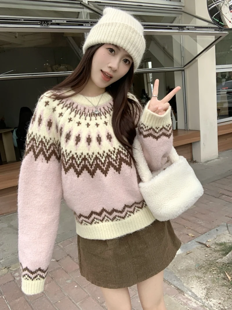 Retro Fair Isle Sweater Knitted Pullover Women's Clothes Autumn New Lazy Style Loose Warm Thicken Knitwear Top Female Clothing