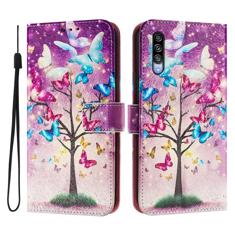 A50 Leather Phone Case For Samsung Galaxy A50 A20E A10E A20S A30 A40 A70 A10 Flip Cover Wallet Magnetic Painted Cases Cat Flower