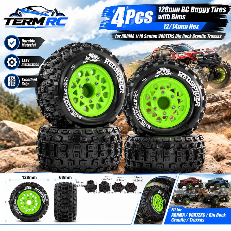 4Pcs 128mm RC Buggy Tires with Rims 12/14mm Hex for ARRMA 1/10 Senton VORTEKS Big Rock Granite Traxxas