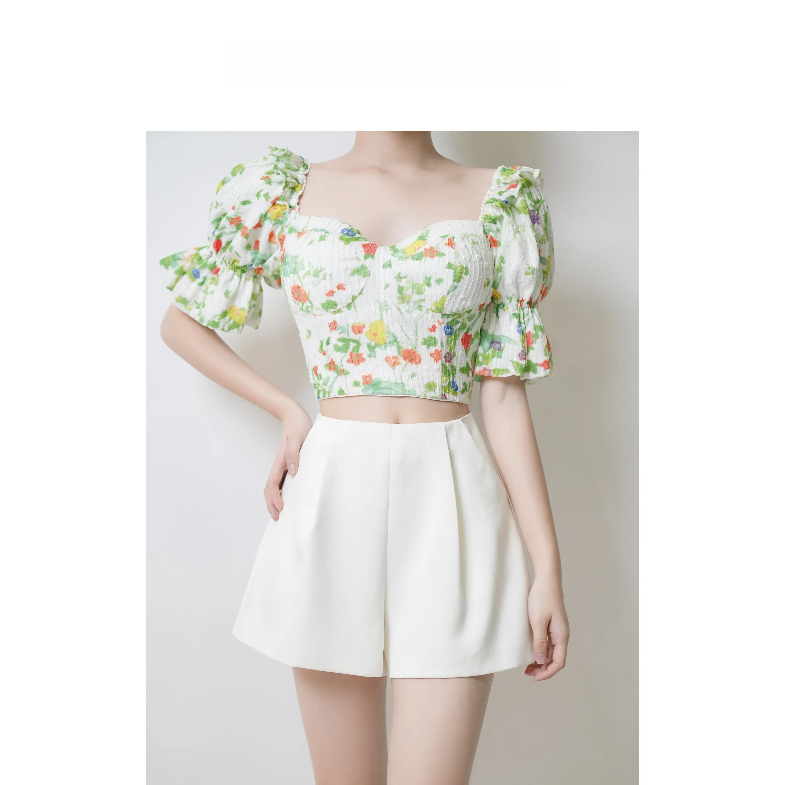 

LE BON TEMPS Summer ort Sve Women's Fitted irts with Chest Cup Print Original Design Polyester Bubble Sve Square Ne