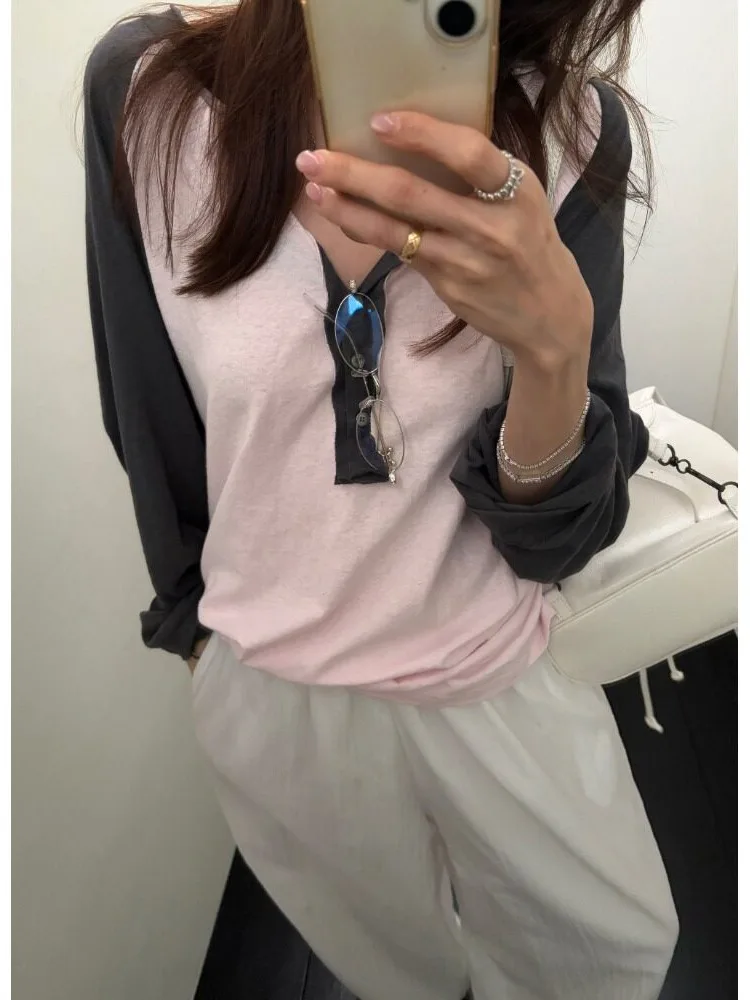 Fashionable Knitted Long Sleeve T-Shirt Women's Chic Autumn Color Block Design Anti-Aging Korean Style Casual Wear for Variou...
