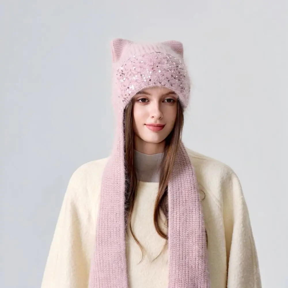 Sweet Style Cat Ear Knitted Hat Scarf Integration Winter Soft Warm Hooded Cap Fashion Cute Commuter Head Neck Warmer