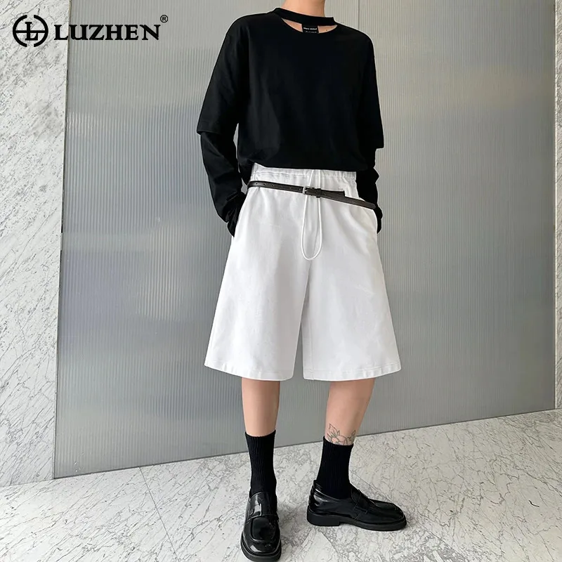 

LUZHEN Point Korean Five Summer Pants Stylish Fashion Plain High Quality Belt Decorate Men's Sport Cotton Straight Shorts LZ9678