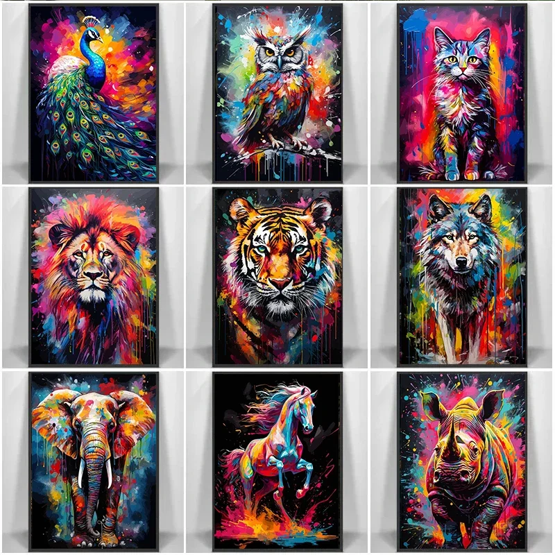 Watercolor Animals Wall Art Canvas Paintings Rhino Cat Owl Panda Lion Tiger Wild Animals Grafffiti Art Posters Prints Home De