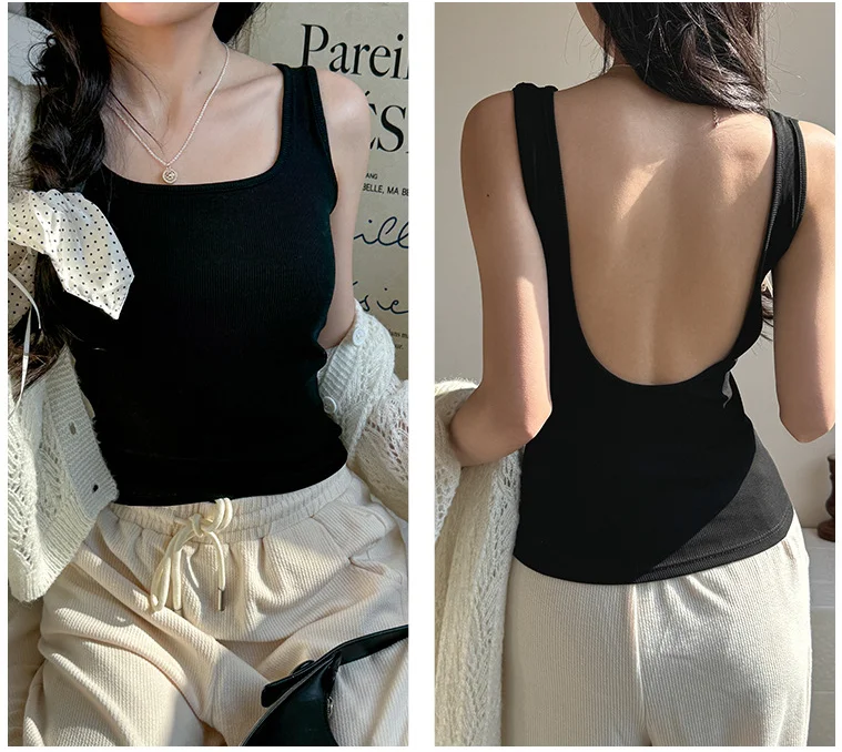 ฤดูร้อนสแควร์คอ Modal เสื้อกั๊กผู้หญิงพร้อมแผ่นหน้าอก High-End สีทึบเผ็ด Backless SLIM FIT สวมใส่ด้านใน TOP