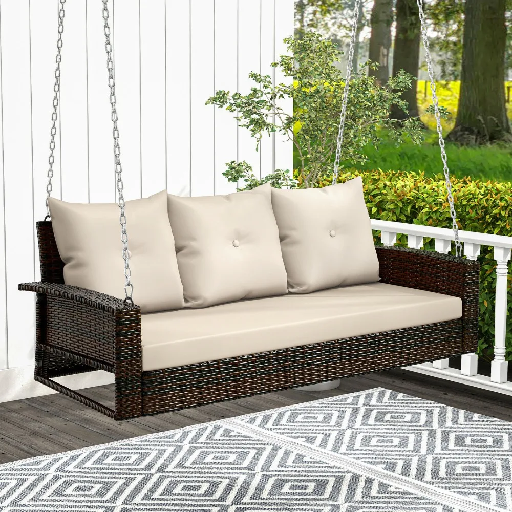 

3 Person Patio Swing Wicker Hammock Hanging Chair Waterproof w/ Soft Cushion