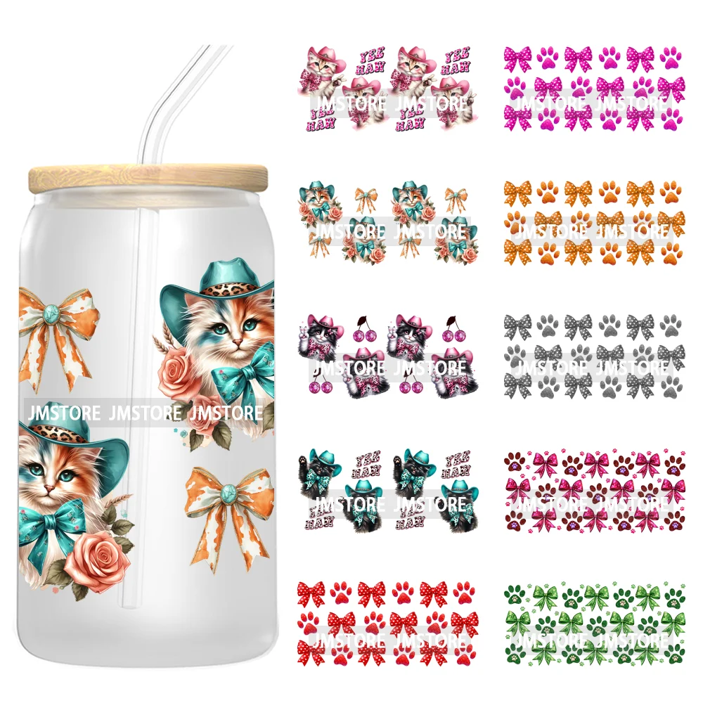 Western Howdy Cat Coquette Girly Dog Bow  16OZ UV Cup Wrap DTF Transfer Stickers Waterproof For Libbey Glass Can Cups Tumbler