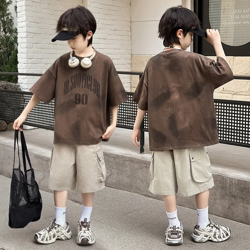 

Luxurious Teen Boys Set For Child Elegant Coffee Color T-shirts + Cargo Shorts 2PCS Clothes Set Summer Kids Luxury Clothing Set