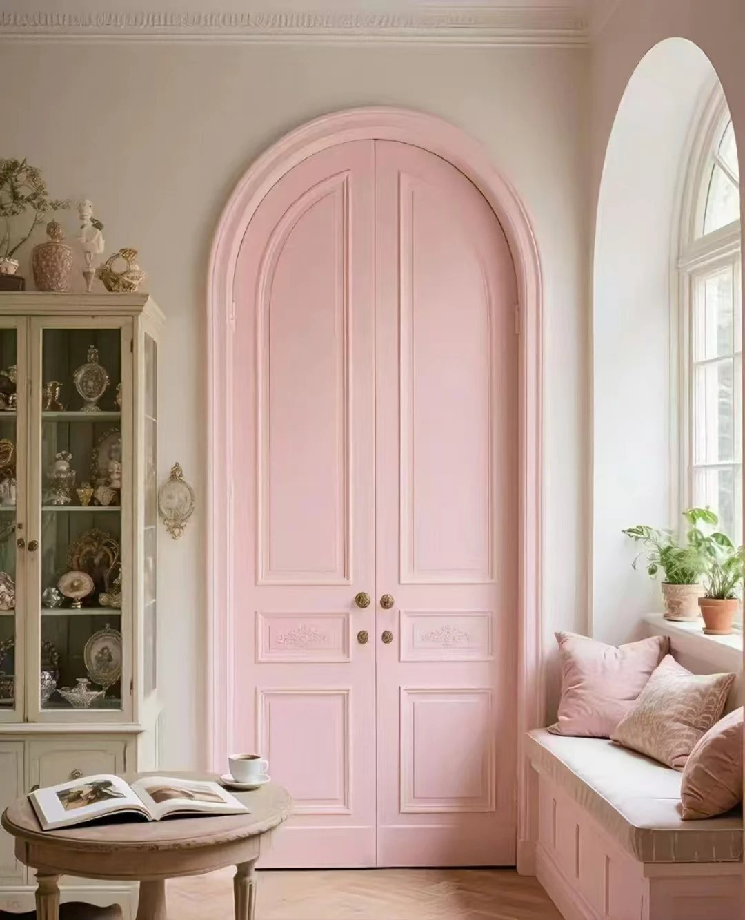 CustomFrench Design Double Top Exterior Glass Doors Modern Wood Plastic Composite Arched Opening Apartment Bedroom Hotel Villa U