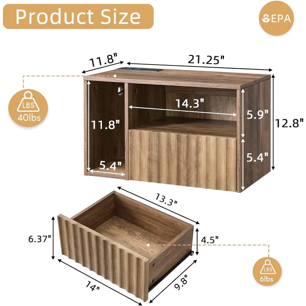 Mesita de noche moderna rústica marrón con cajón, puertos y tomas de carga USB: juego de 2 mesitas de noche flotantes para vivir moderno