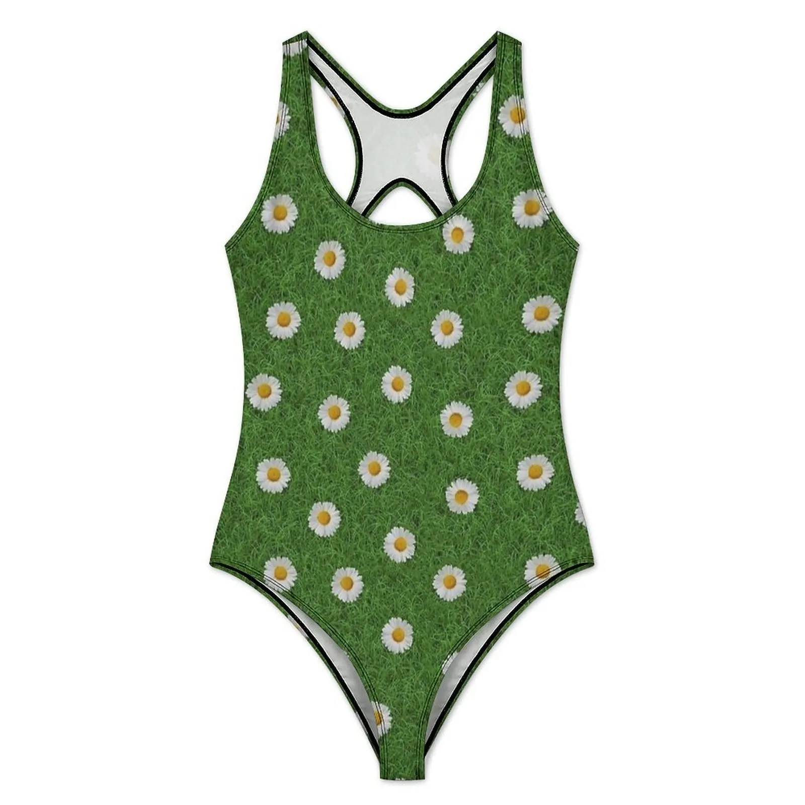 White Daisy Texture Print Swimsuit Sexy  Women Swimwear One Piece Stylish Bodysuit Beach Push Up Backless Bathing Suit