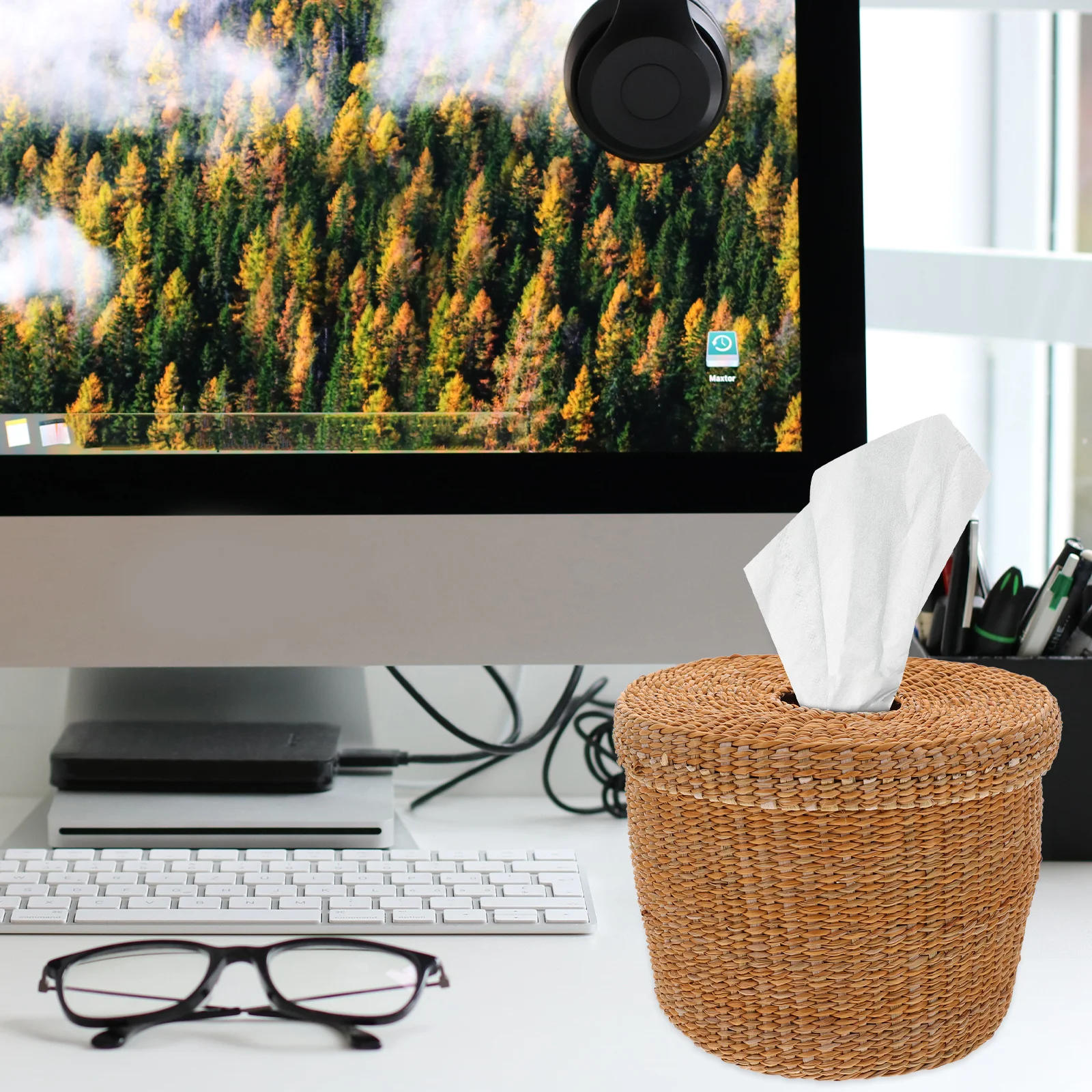 

Round Straw Weaving Napkin Box Vintage Tissue Holder For Home Bathroom Bedroom Car Office Storage Container