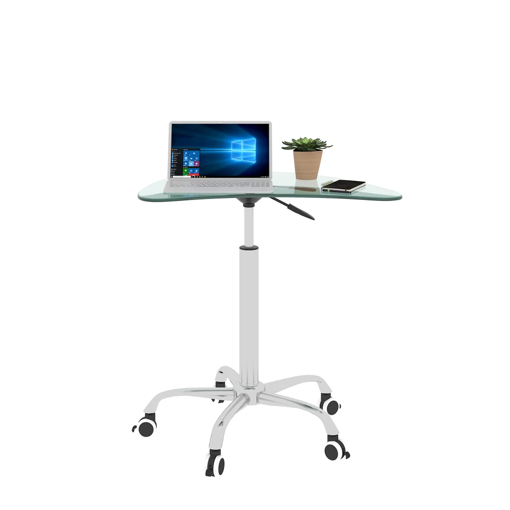 Adjustable Height Transparent Tempered Glass Table Desk Table with Lockable Wheels(Adjustable Range 24.2 