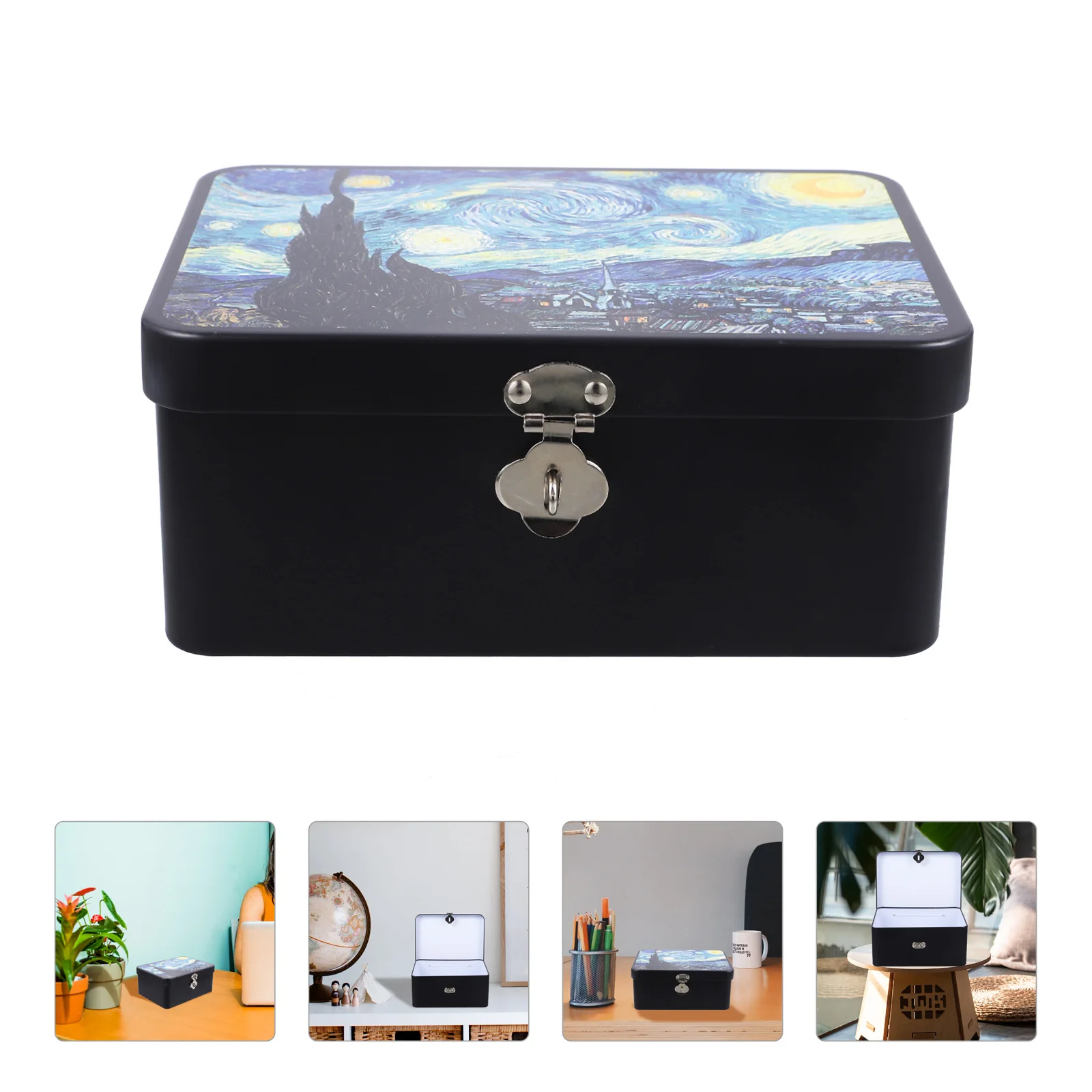 

Tinplate Storage Box with Key Lock for Desktop Organizer Privacy Container Metal Box Home Storage Solution