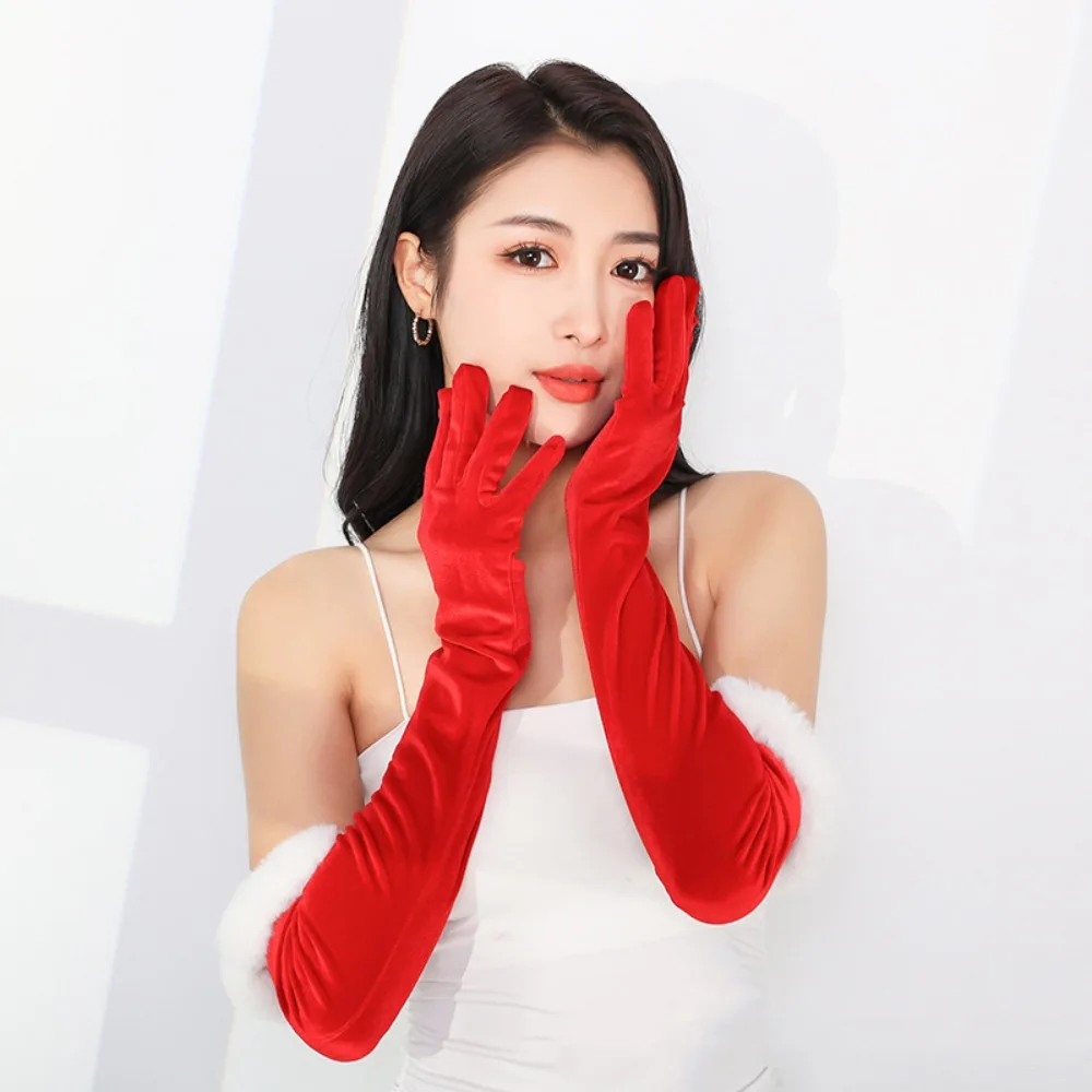 Red/Black Plush Christmas Gloves Cosplay Retro Velvet Long Gloves Elegant Stage Performance Etiquette Mittens Autumn