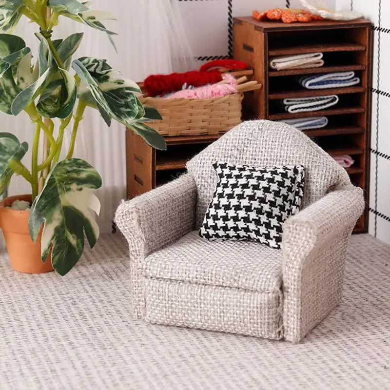Dollhouse Couch with Pillow Models 1/12 Scale Dollhouse Miniature Sofa Arm Chair For Living Room Single Reading Chair Furniture view 2