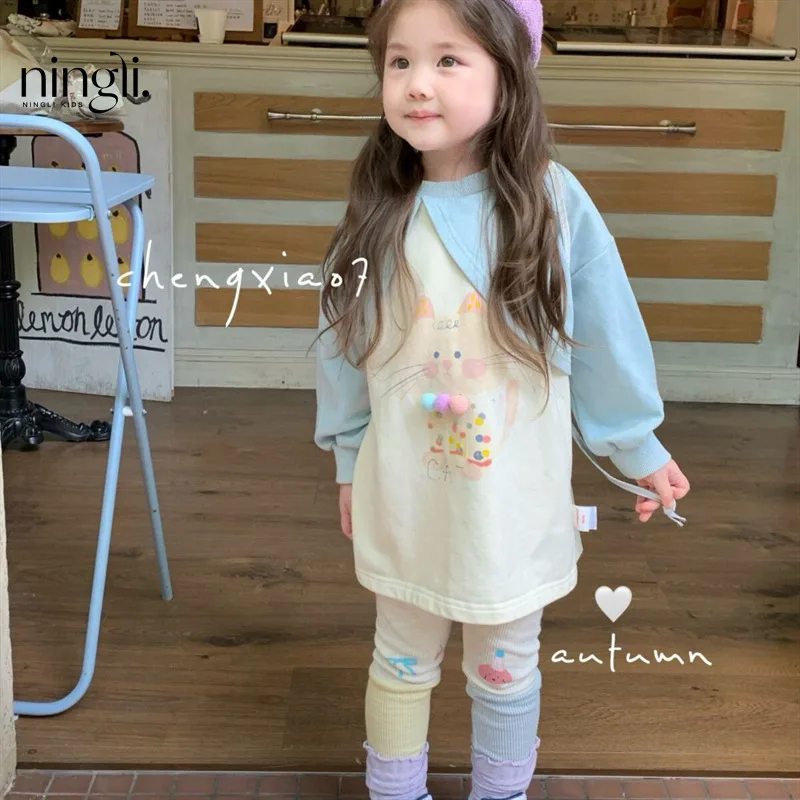 

Children Clothing 2024 Autumn New Korean Girls and Children Cartoon Cat Splicing Sweater Skirt Color Matching Leggings Set