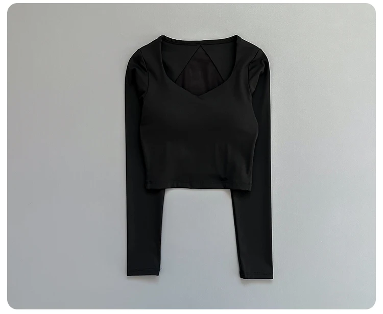 Women Deep V Mesh Back Cutout Crop Long Sleeve Yoga Top Slim Quick Dry Breathable Running Fitness Sports Tee