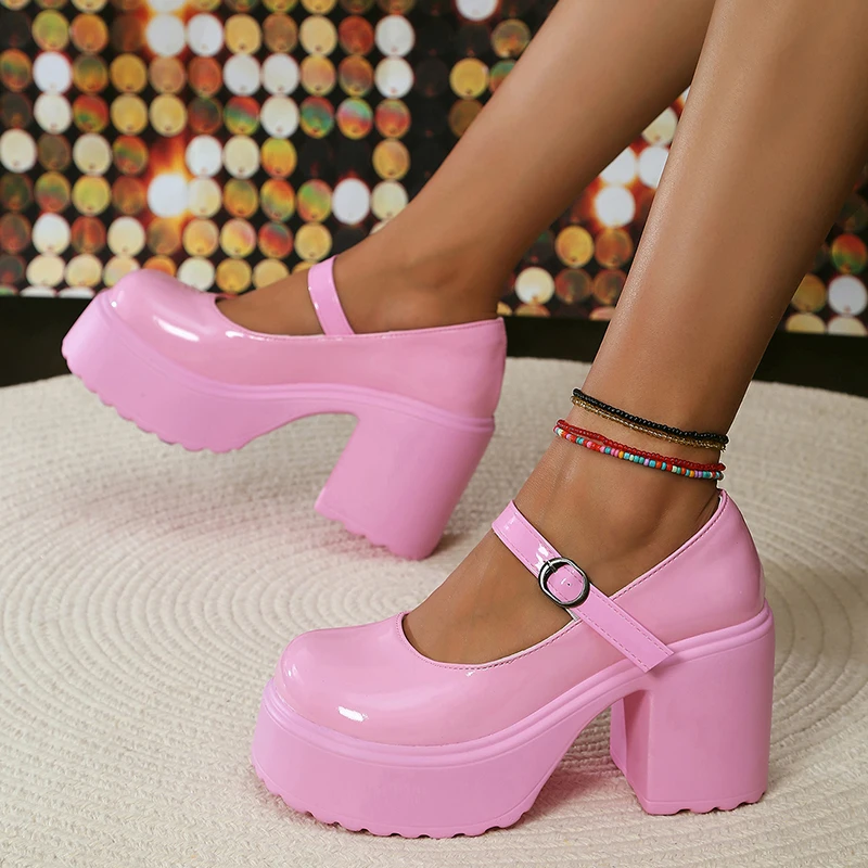 Vintage wysokie obcasy buty Mary Jane dla kobiet Pu skóra masywny buty na koturnach kobieta gotycka pasek z klamrą Lolita rozmiar 42