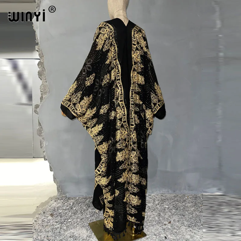 WINYI Women tassel Black hot brick dress Long Coat Loose Lapel Robe Femme Thick Warm Loose Boho Middle East Female kimono Abaya