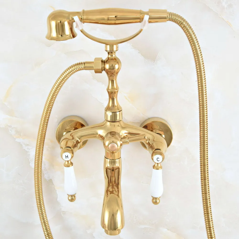 

Wall Mounted Bathtub Faucet Gold Color Brass Tub Sink Faucet Telephone Style Bathroom Bath Shower Set with Handshower Lna811