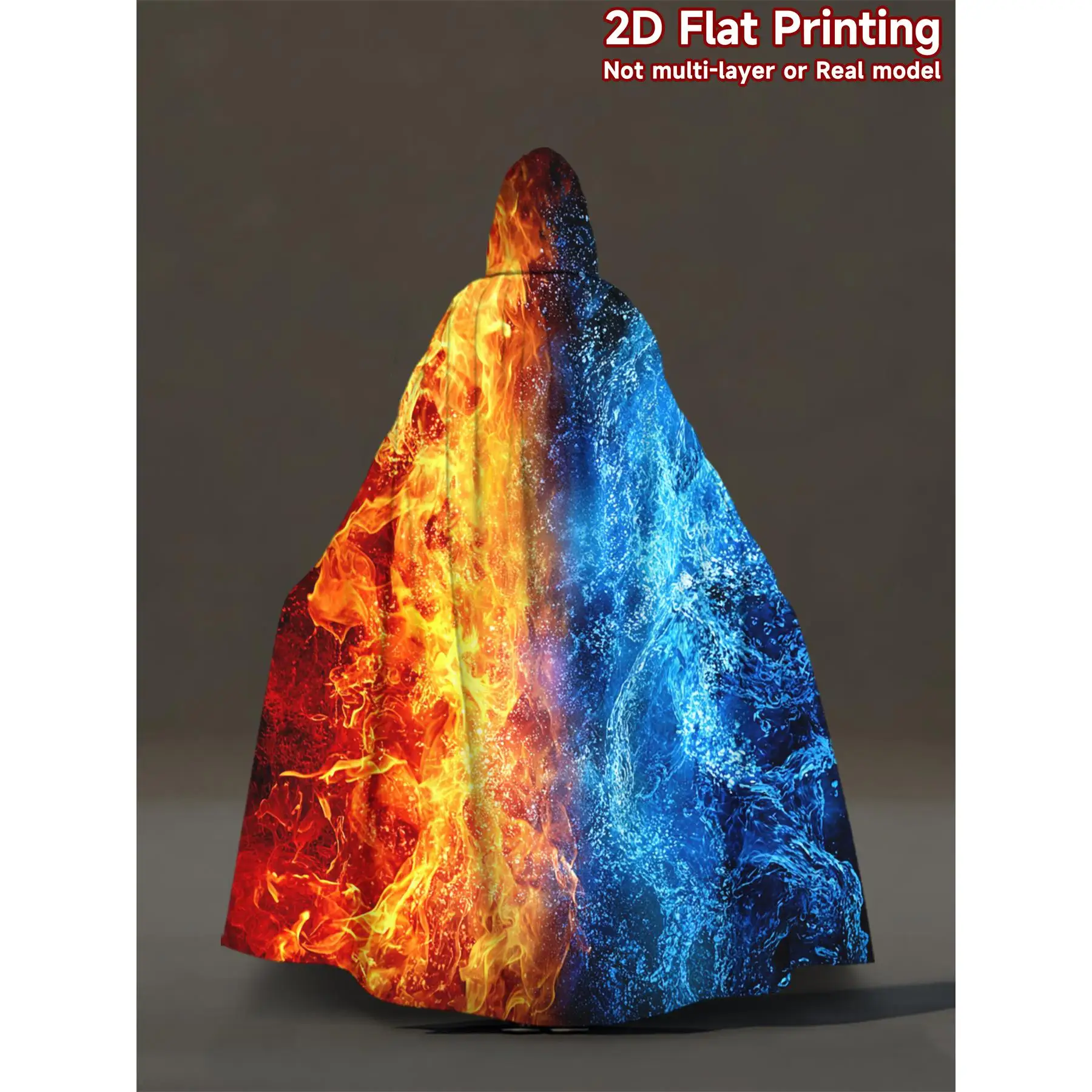 1pc Flat 2D Fire and Ice Contrast Pattern Robe Fabric Hooded Cape Costume Cloak for Cosplay Halloween Carnival New Year