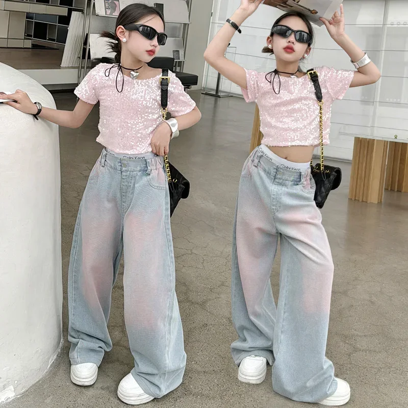 

12 junior girls summer clothes set cotton pink Hot Diamond T-shirt+Tie dyed wide leg jeans 2pcs teen kids suit children outfits