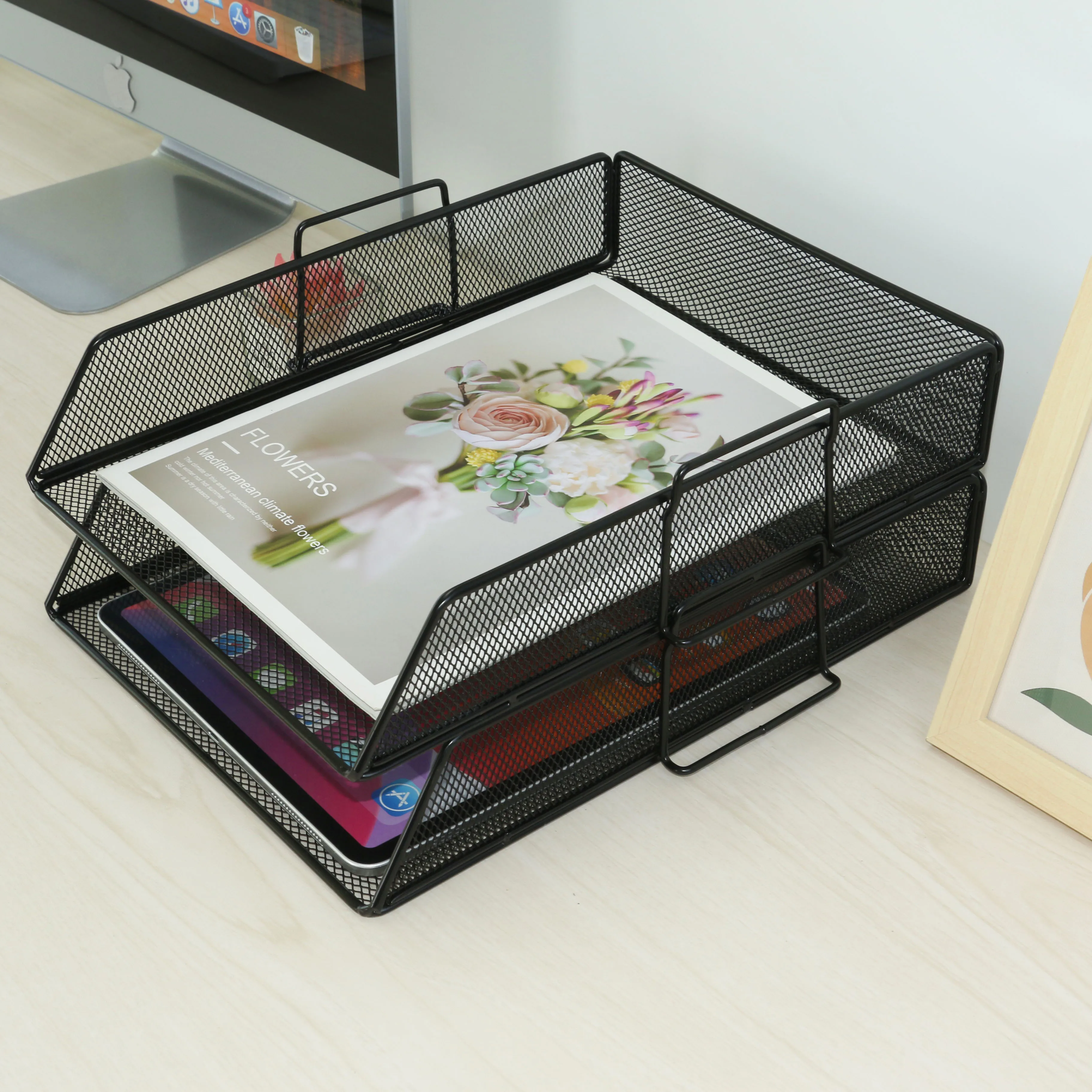 2Pcs Desktop File Organizer, Mesh File Organizer with 2 Letter Trays, Easy Installation, for Office, School and Home