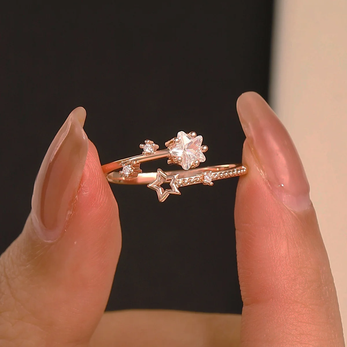 Fashionable Copper Inlaid Zircon Pentagonal Open Star Index Finger Ring Women's Party Ring