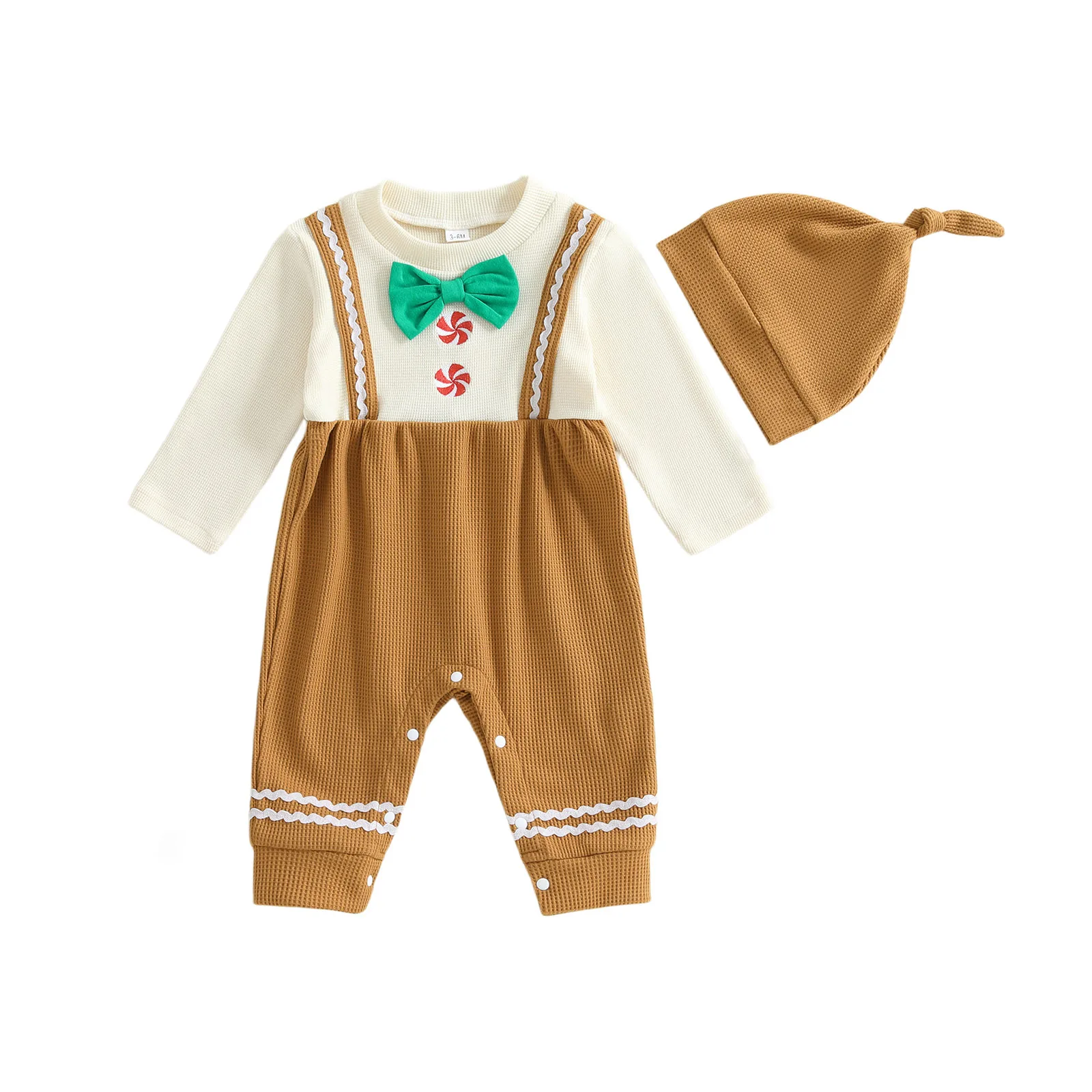 

Baby Boys Romper Fashionable Christmas Lollipop Print Round Neck Long Sleeve Jumpsuit with Hat